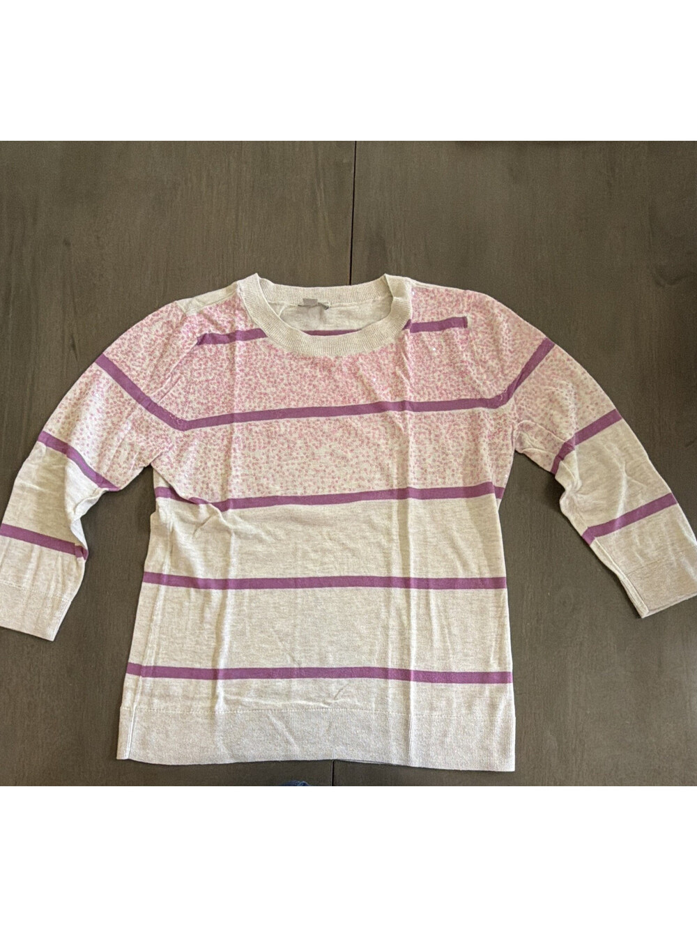 Halogen Ivory & Purple Striped Knit Crew Neck Pullover Sweater Women’s L 3/4